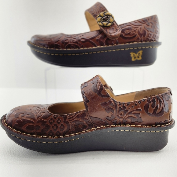 Alegria Brown Embossed Mules - Picture 1 of 12